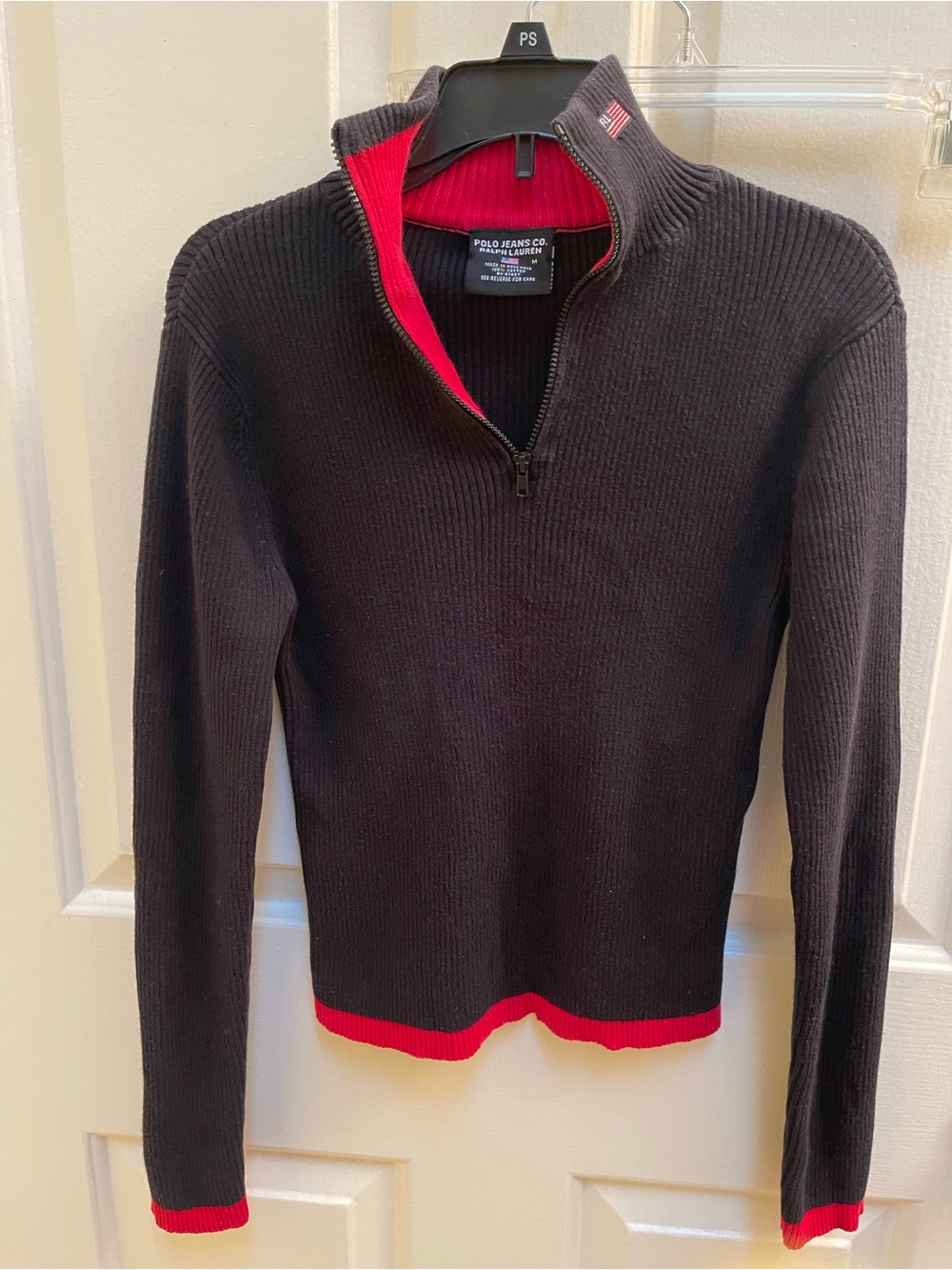 Ralph Lauren Black Sweater with Red Trim Half-Zip